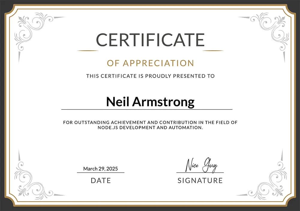 Example generated PDF certificate