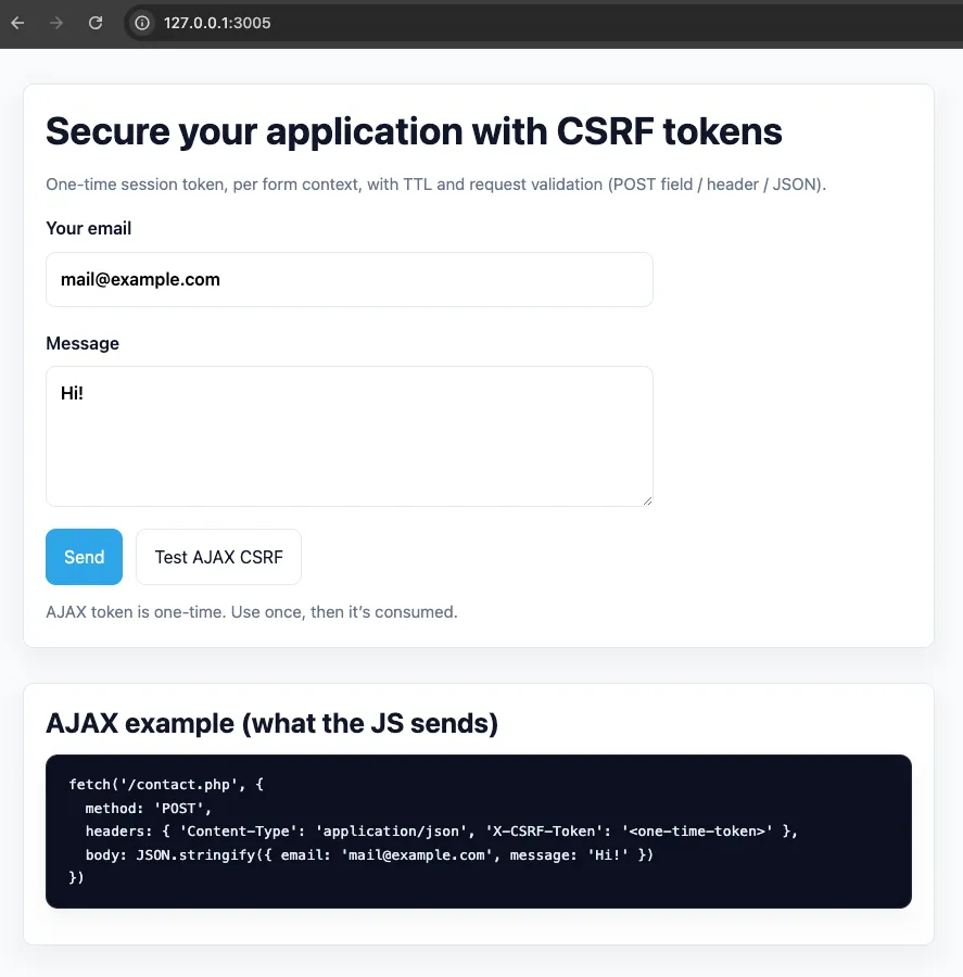 CSRF demo form and AJAX example